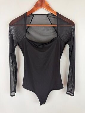 Abercrombie & Fitch Black Mesh Long-Sleeve thong Bodysuit Small